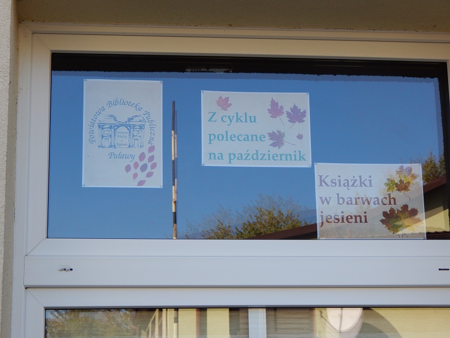  Zdjęcie prezentuje wystawę na oknach Powiatowej Biblioteki Publicznej w Puławach pt. „Książki w barwach jesieni”.