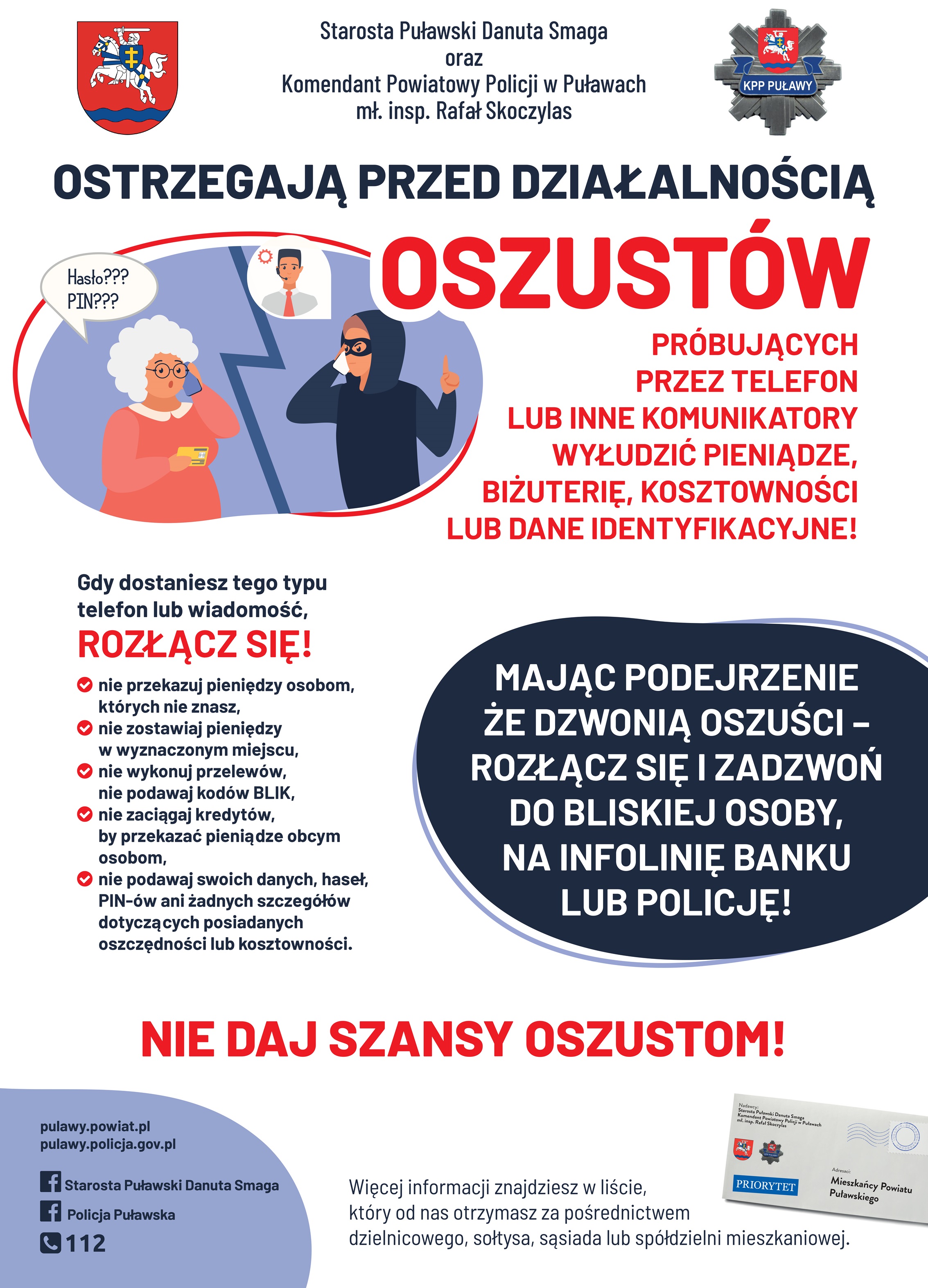 Zdjecie prezentuje plakat promujący akcję społeczną Starosty Puławskiego i Komendanta Powiatowego Policji w Puławach: „Poczta sąsiedzka” czyli dobra rada od sąsiada.