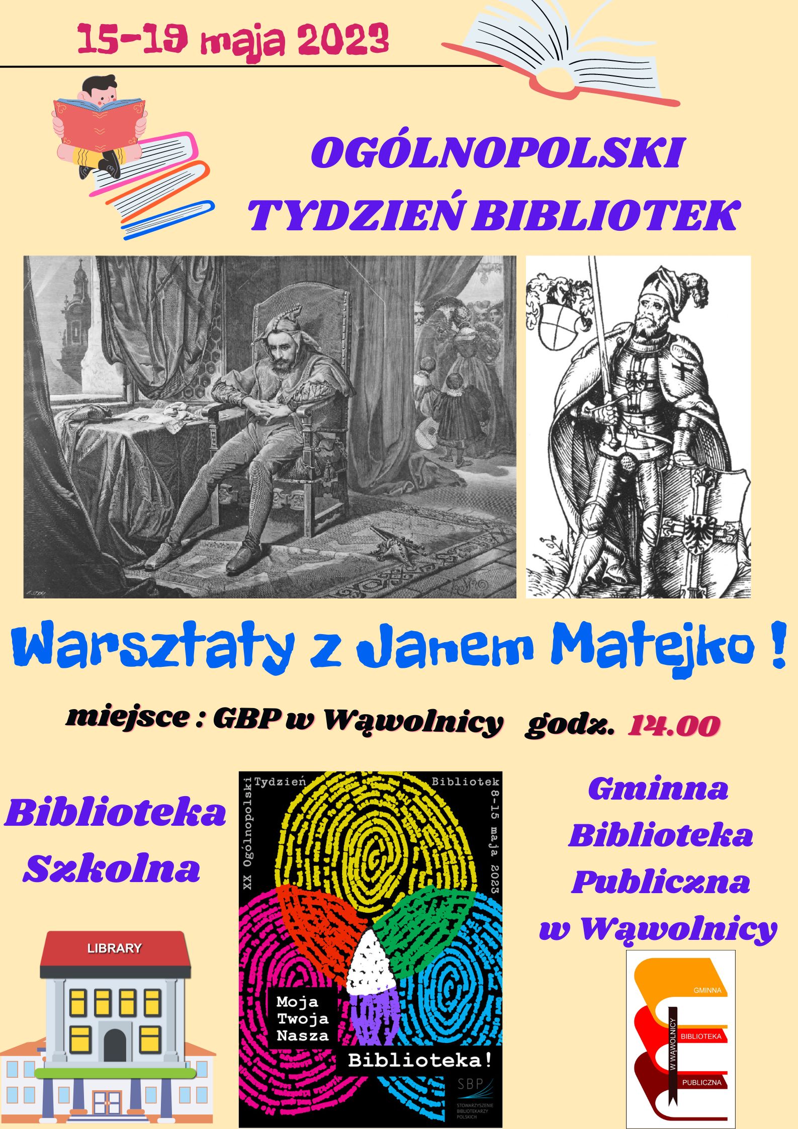 Zdjęcie prezentuje plakat zapraszający na warsztaty literacko-plastyczne, których głównym tematem będzie życie i twórczość Jana Matejki w wąwolnickiej bibliotece.