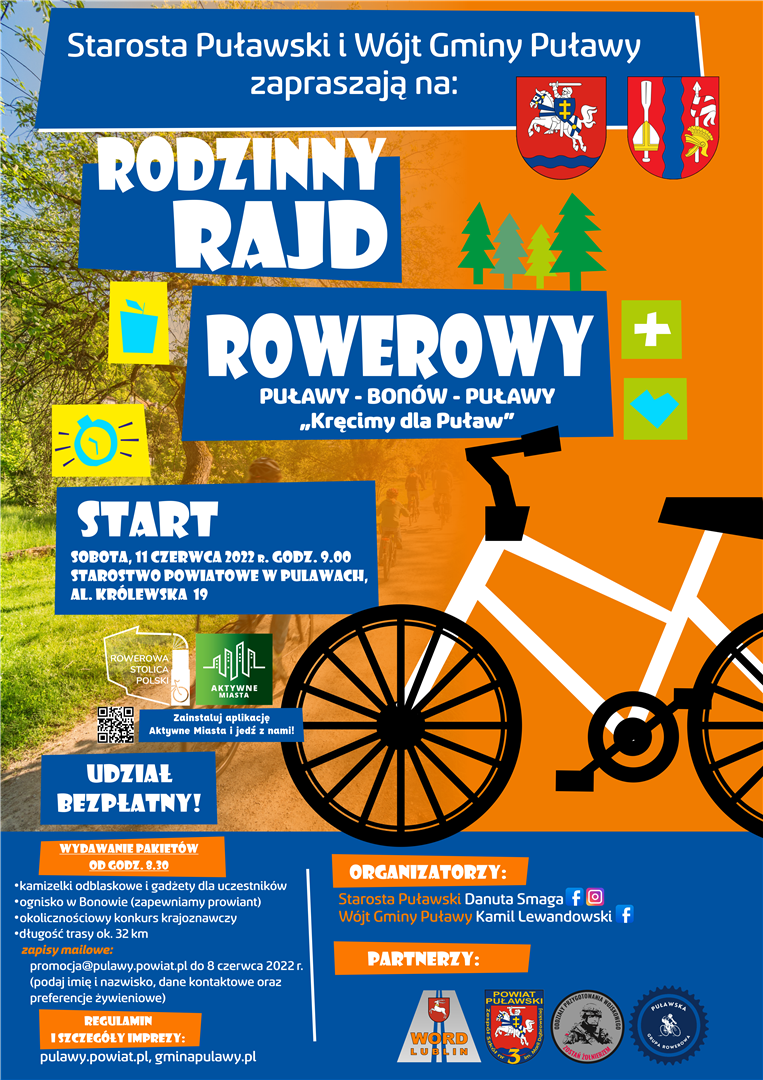 Zdjęcie prezentuje plakat promujący Rodzinny rajd rowerowy Puławy – Bonów – Puławy „Kręcimy dla Puław”. 