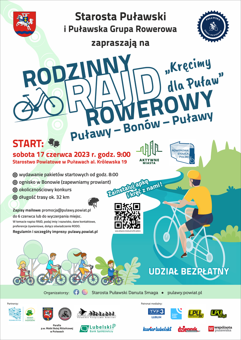 Zdjęcie prezentuje plakat promujący Rodzinny rajd rowerowy Puławy – Bonów – Puławy „Kręcimy dla Puław”.