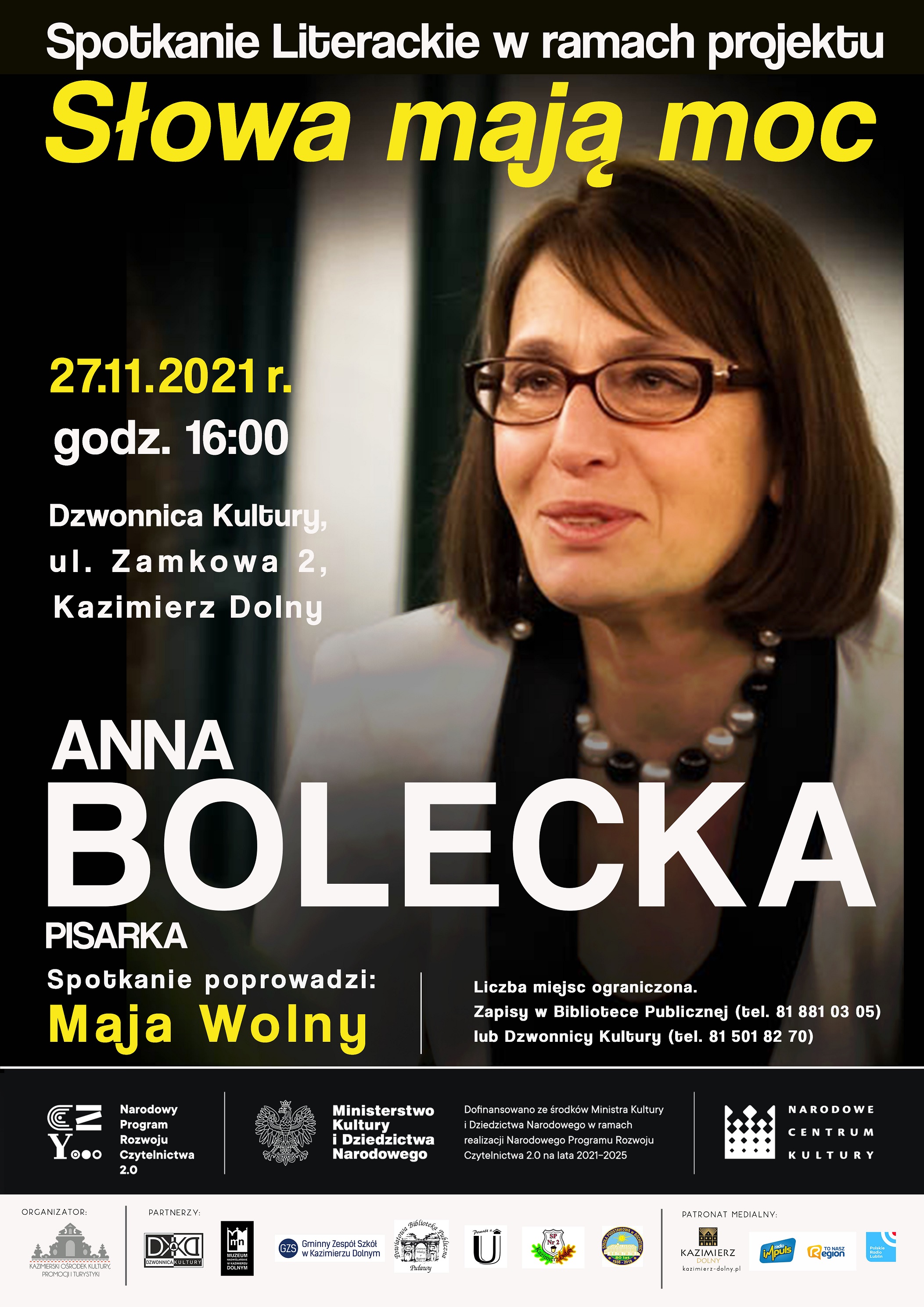 Plakat promujący spotkanie autorskie z Anną Bolecką w Kazimierzu Dolnym.