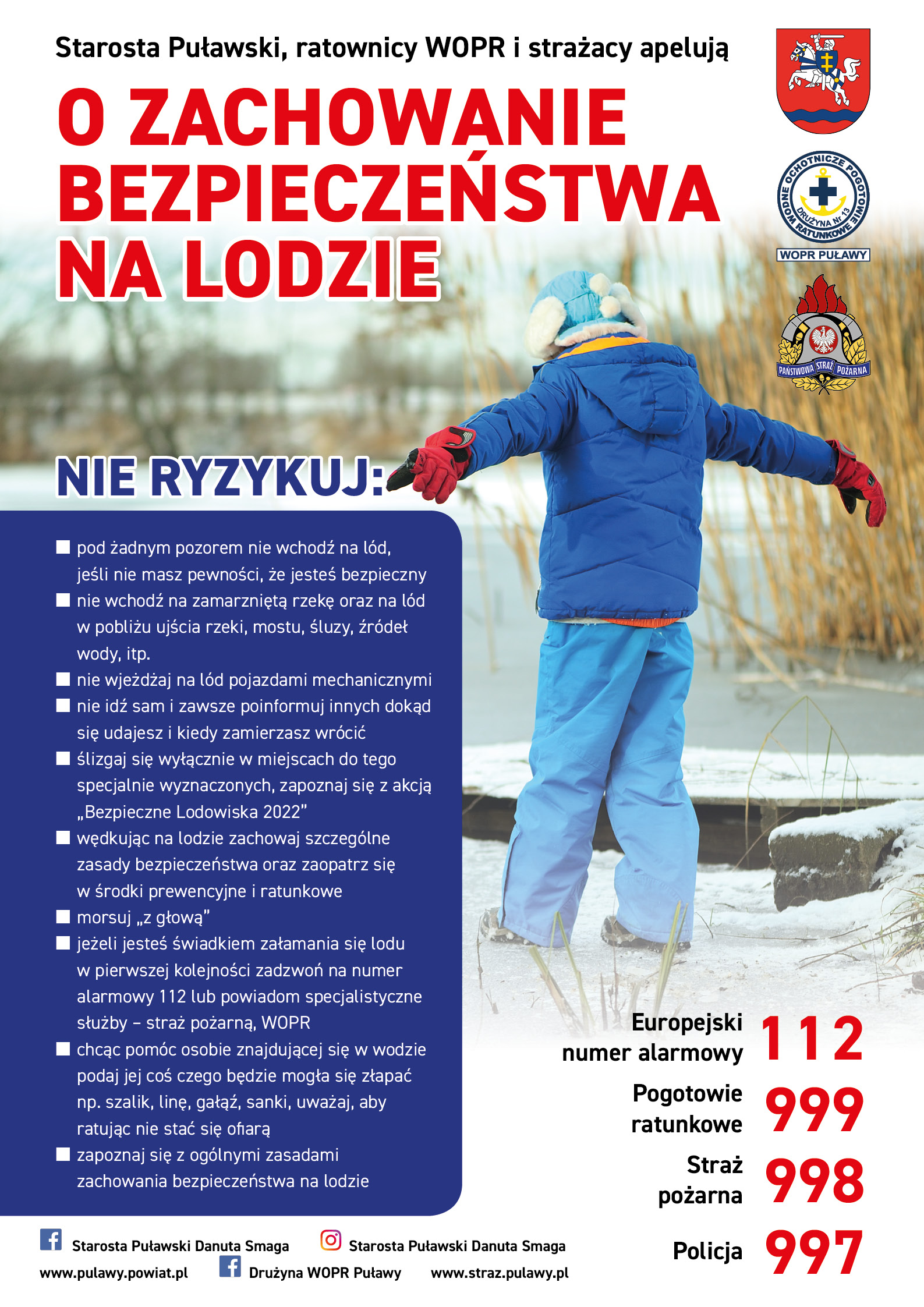 Zdjęcie prezentuje plakat promujący bezpiecznie zachowanie na lodzie.