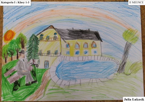 Zdjęcie prezentuje prace nagrodzone w Powiatowy Konkursie Plastyczny pt. „Wkomponuj Stefana Żeromskiego w pejzaż Nałęczowa” zorganizowanym przez Powiatową Bibliotekę Publiczną w Puławach.