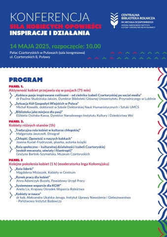 Zdjęcie prezentuje program konferencji SIŁA KOBIECYCH OPOWIEŚCI - Inspiracje i Działania, która odbędzie się 14 maja  o godzinie 10.00 w  Pałacu Czartoryskich w Puławach.