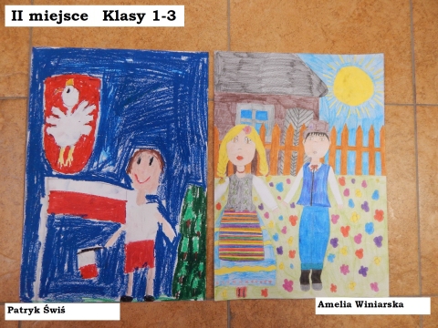 Zdjęcie prezentuje nagrodzone prace w powiatowym konkursie plastycznym „Kto Ty jesteś? Polak mały”.