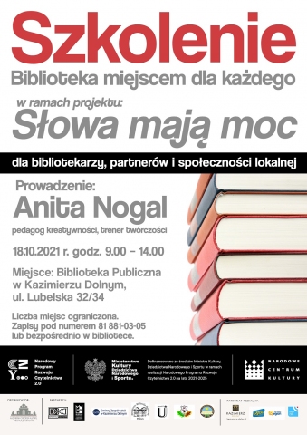 Plakat promujący szkolenie „Biblioteka miejscem dla każdego” w kazimierskiej bibliotece. 