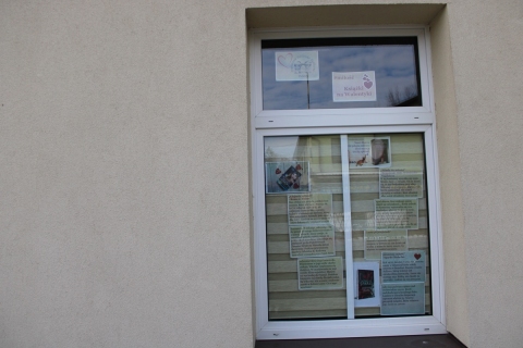 Zdjęcie prezentuje wystawę na oknach Powiatowej Biblioteki Publicznej, która prezentuje wciągające i poruszające książki ze słowem miłość w tytule.