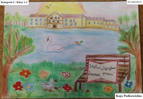 Zdjęcie prezentuje prace nagrodzone w Powiatowy Konkursie Plastyczny pt. „Wkomponuj Stefana Żeromskiego w pejzaż Nałęczowa” zorganizowanym przez Powiatową Bibliotekę Publiczną w Puławach.