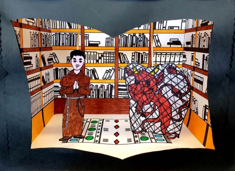 Zdjęcie przedstawia scenografię do przedstawienie teatrzyku kukiełkowego pt. „Bohaterowie kazimierskich legend nocą w bibliotece”.