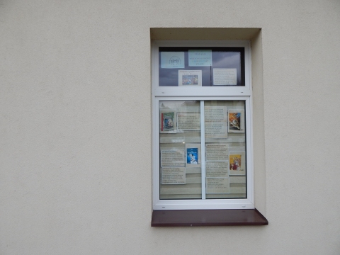 Zdjęcie prezentuje wystawę na oknach Powiatowej Biblioteki Publicznej w Puławach prezentującą książki dla dzieci z kolekcji bajek Disneya.