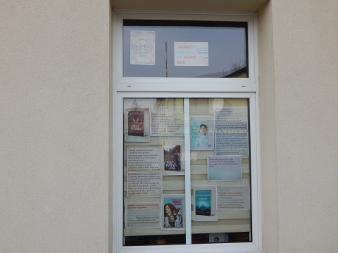 Zdjęcie prezentuje wystawę na oknach Powiatowej Biblioteki Publicznej w Puławach pokazującą najciekawsze książki z wyrazem „nowy” w tytule.
