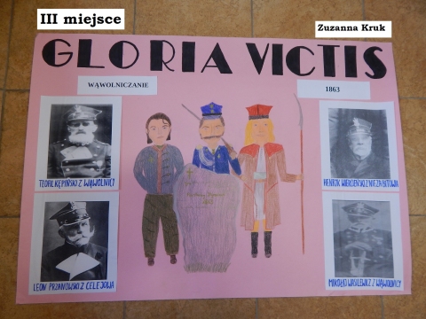 Zdjęcie prezentuje nagrodzone prace w powiatowym konkursie plastycznym „Gloria victis – chwała zwyciężonym”.