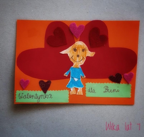 Jedna z trzech wygranych prac w Walentynkowym Konkursie Książkowym, na pomarańczowym tle narysowana Bunia