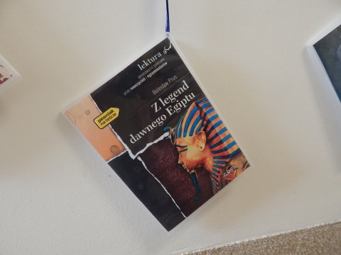 Zdjęcie prezentuje wystawę powieszoną na korytarzu przed biblioteką prezentującą różne okładki książek autorstwa Bolesława Prusa. 