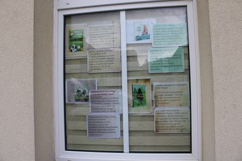 Zdjęcie prezentuje wystawę na oknach Powiatowej Biblioteki Publicznej prezentującą letnie propozycje czytelnicze dla najmłodszych.