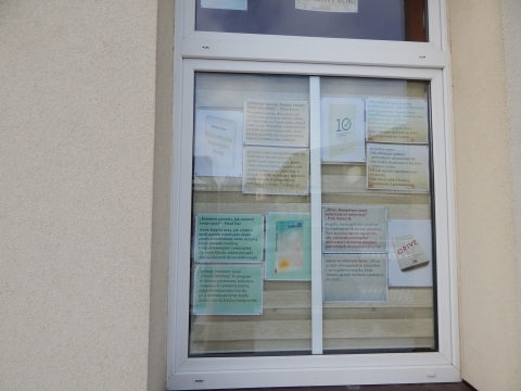 Zdjęcie prezentuje wystawę na oknach Powiatowej Biblioteki Publicznej w Puławach prezentującą książki motywacyjne na nowy rok.