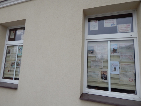 Zdjęcie prezentuje wystawę na oknach Powiatowej Biblioteki Publicznej w Puławach pokazującą najciekawsze książki z wyrazem „miłość” w tytule.