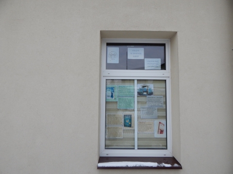 Zdjęcie prezentuje wystawę na oknach Powiatowej Biblioteki Publicznej w Puławach prezentującą książki z zimową aura w tle.