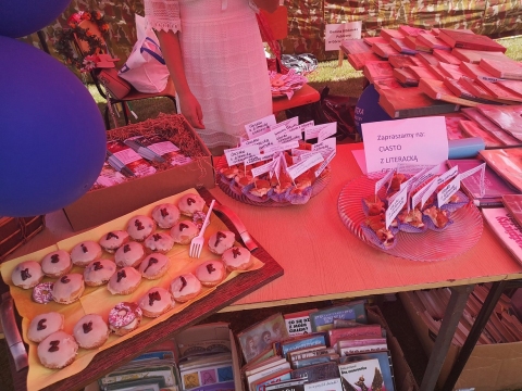 Zdjęcie prezentuje stoisko Gminnej Biblioteki Publicznej w Puławach z siedzibą w Górze Puławskiej podczas Dożynek Powiatowych 2022.