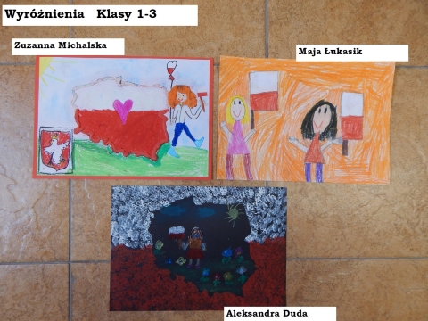 Zdjęcie prezentuje nagrodzone prace w powiatowym konkursie plastycznym „Kto Ty jesteś? Polak mały”.