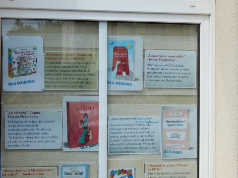 Zdjęcie prezentuje wystawę na oknach Powiatowej Biblioteki Publicznej w Puławach pokazującą różne publikacje mam i macierzyństwa. 