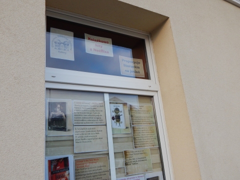 Zdjęcie prezentuje wystawę na oknach Powiatowej Biblioteki Publicznej w Puławach pt. „Książkowe hity z Netflixa”.