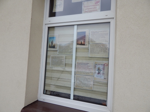 Zdjęcie prezentuje wystawę na oknach Powiatowej Biblioteki Publicznej w Puławach pokazującą najciekawsze książki z wyrazem „miłość” w tytule.