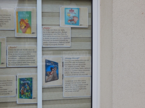Zdjęcie prezentuje wystawę na oknach Powiatowej Biblioteki Publicznej w Puławach prezentującą książki dla dzieci z kolekcji bajek Disneya.
