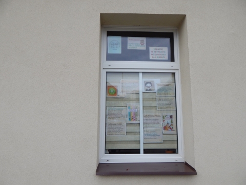 Zdjęcie prezentuje wystawę na oknach Powiatowej Biblioteki Publicznej w Puławach pokazującą książki promujące zdrowe odżywanie wśród najmłodszych. 
