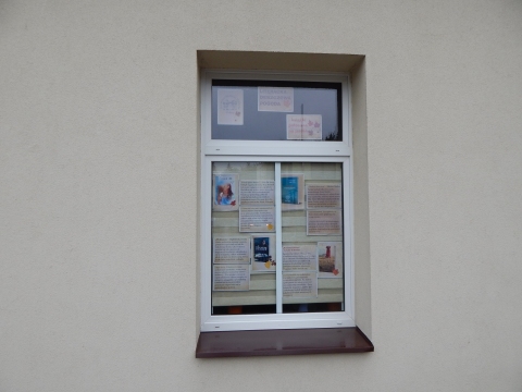  Zdjęcie prezentuje wystawę na oknach Powiatowej Biblioteki Publicznej w Puławach promującą  jesienne propozycje książkowe z wyrazem „deszcz” w tytule.