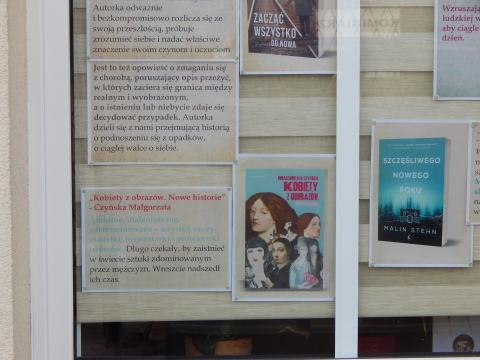 Zdjęcie prezentuje wystawę na oknach Powiatowej Biblioteki Publicznej w Puławach pokazującą najciekawsze książki z wyrazem „nowy” w tytule.