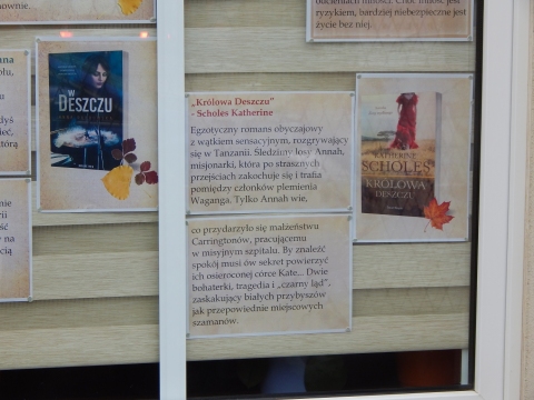  Zdjęcie prezentuje wystawę na oknach Powiatowej Biblioteki Publicznej w Puławach promującą  jesienne propozycje książkowe z wyrazem „deszcz” w tytule.