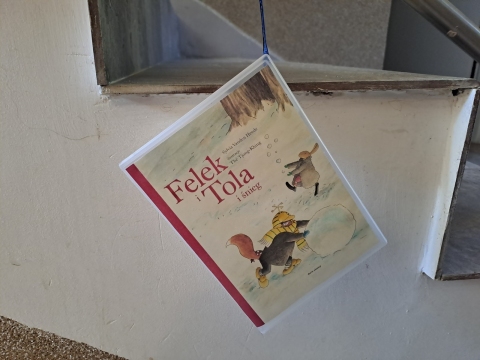 Zdjęcie prezentuje wystawę powieszoną na korytarzu przed biblioteką prezentującą różne okładki książek dla dzieci z wyrazem śnieg w tytule.