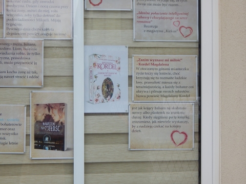 Zdjęcie prezentuje wystawę na oknach Powiatowej Biblioteki Publicznej w Puławach pokazującą najciekawsze książki z wyrazem „miłość” w tytule.