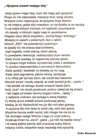 Zdjęcie prezentuje nagrodzone wiersze w powiatowym konkursie literackim „Kiedy myślę Ojczyzna… Na zawsze w sercu mym”.