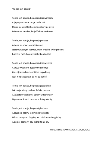 Zdjęcie prezentuje wiersz „To nie jest poezja” Adama Franciszka Wojtowicza.