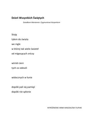 Zdjęcie prezentuje wiersz „Dzień Wszystkich Świętych” Anny Magdaleny Filipiak.