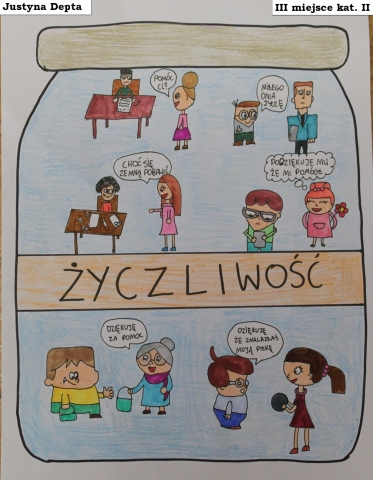 Zdjęcie prezentuje zwycięskie prace w powiatowy konkurs plastyczny „Z życzliwością na co dzień”.