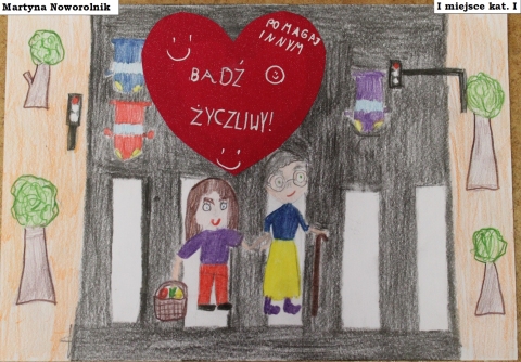 Zdjęcie prezentuje zwycięskie prace w powiatowy konkurs plastyczny „Z życzliwością na co dzień”.