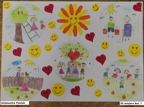 Zdjęcie prezentuje zwycięskie prace w powiatowy konkurs plastyczny „Z życzliwością na co dzień”.