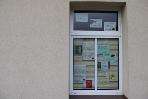 Zdjęcie prezentuje wystawę na oknach Powiatowej Biblioteki Publicznej w Puławach prezentującą książki o miłości dla dzieci i młodzieży.