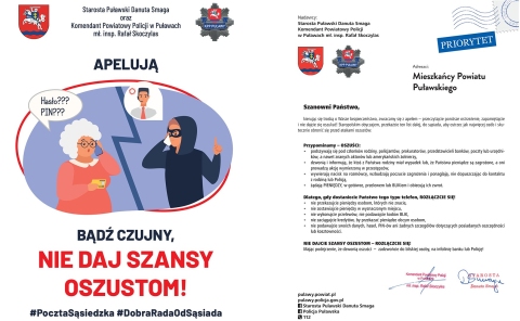 Zdjecie prezentuje list promujący akcję społeczną Starosty Puławskiego i Komendanta Powiatowego Policji w Puławach: „Poczta sąsiedzka” czyli dobra rada od sąsiada.