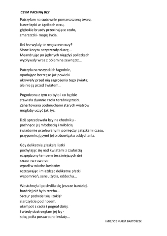 Zdjęcie prezentuje wiersz „Czym pachną bzy” Marii Bartoszek.