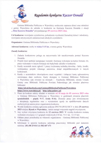 Zdjęcie przedstawia regulamin konkursu plastycznego ogłoszonego przez Gminną Bibliotekę Publiczną w Wąwolnicy z okazji Dnia Kaczora Donalda.
