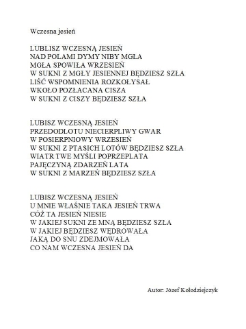 Tekst wiersza "Wczesna jesień" pana Józefa Kołodziejczyka