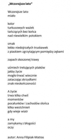 Zdjęcie prezentuje treść wyróżnionego wiersza w Kazimierskim Konkursie Jednego Wiersza.