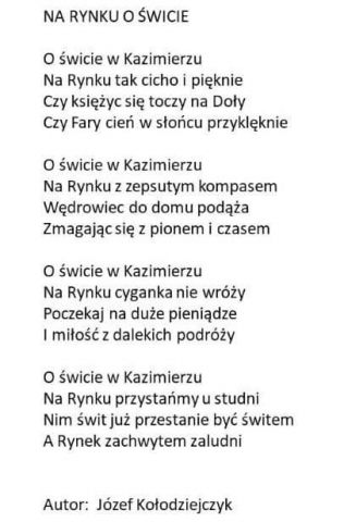 Zdjęcie prezentuje treść wyróżnionego wiersza w Kazimierskim Konkursie Jednego Wiersza.