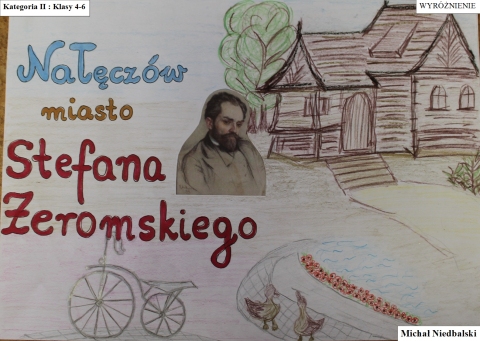 Zdjęcie prezentuje prace nagrodzone w Powiatowy Konkursie Plastyczny pt. „Wkomponuj Stefana Żeromskiego w pejzaż Nałęczowa” zorganizowanym przez Powiatową Bibliotekę Publiczną w Puławach.