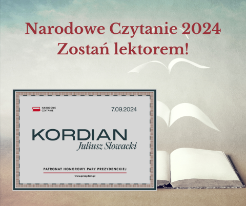 Zdjęcie prezentuje plakat zapraszający do aktywnego włączenia się w akcję „Narodowego Czytania” organizowaną 7 września 2024 r. o godz. 10.00 przez Gminną Bibliotekę Publiczną w Puławach z/s w Górze Puławskiej. 